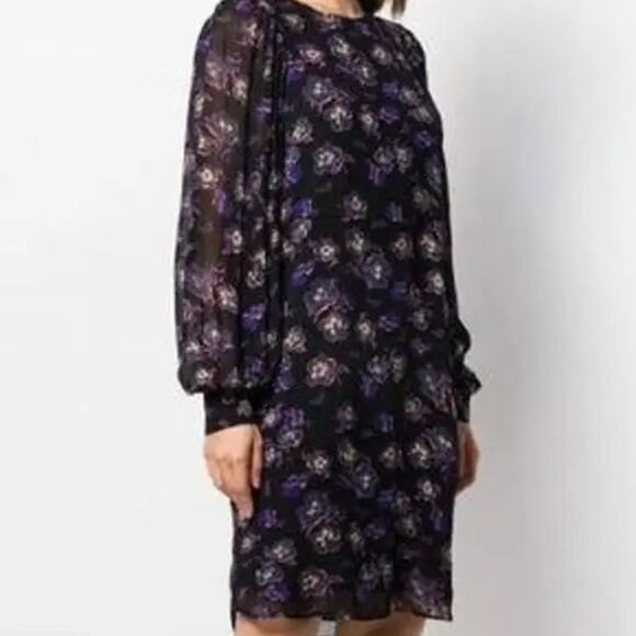Ganni Floral Long Blouson Sleeve Floral Pansy Georgette Mini Dress 8-10 - Picture 5 of 9